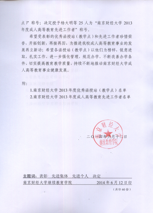 2014年科高教育被南京财经大学评为“南京财经大学2013年度优秀函授站”